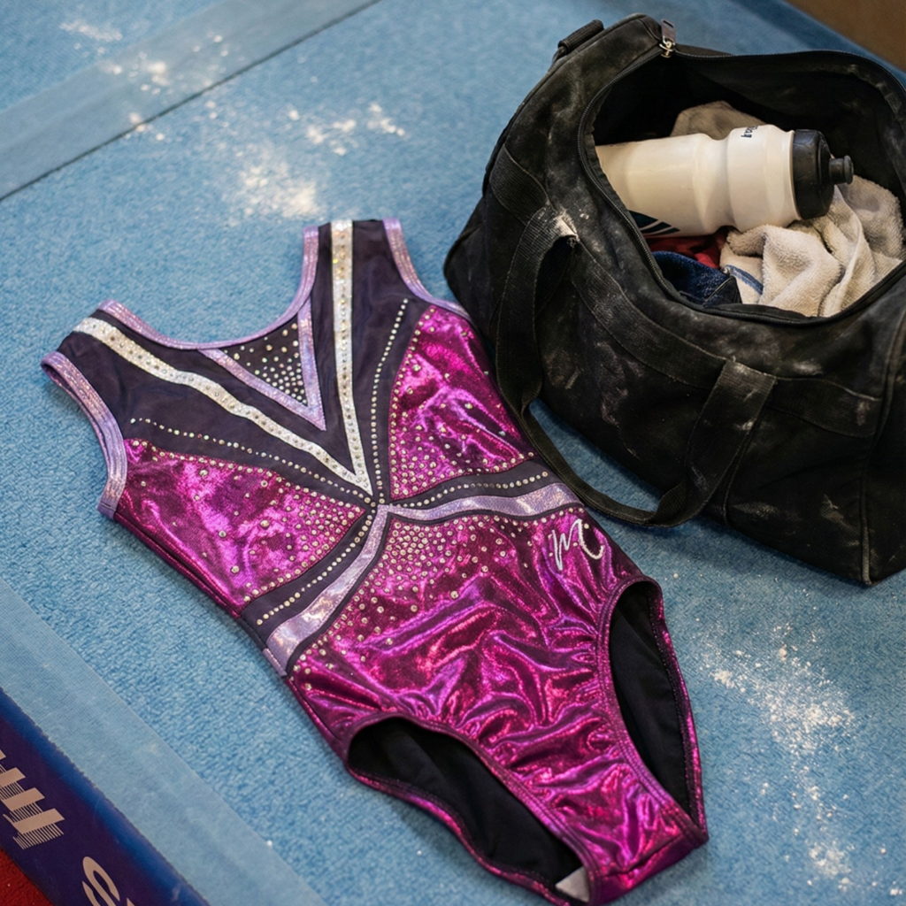 Measuring a gymnast’s hips with a soft tape measure for leotard sizing