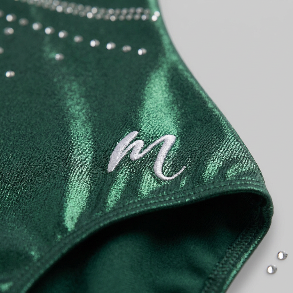 High-quality gymnastics leotards by Modevant: close-up of metallic fabric, flat seams and rhinestones